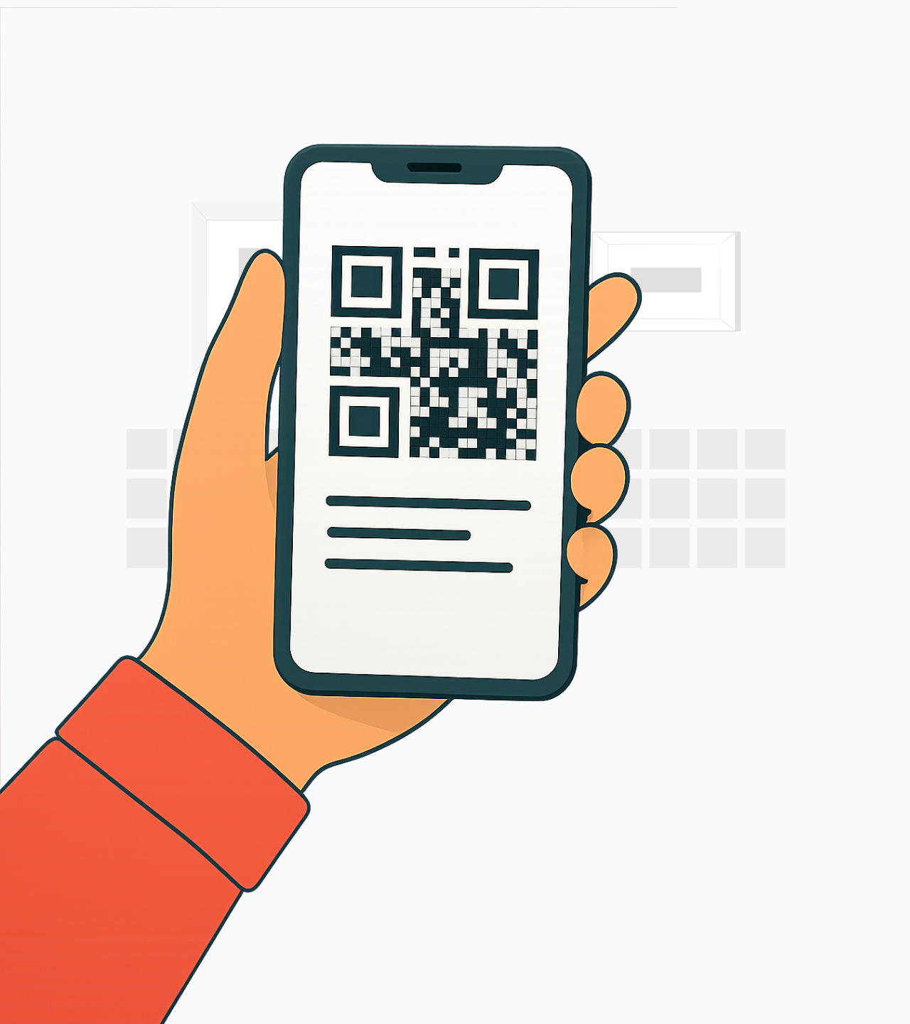 Рука тримає смартфон з відкритим QR-кодом на екрані.